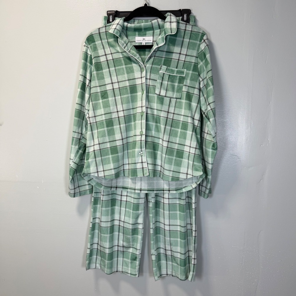 Karen Neuburger Green Plaid Fleece Pajama Set Long Sleeve Button Up Small RZ0029